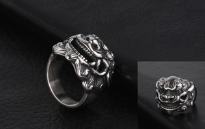 Detailed macro view of vintage stainless steel ring with mythical beast carving