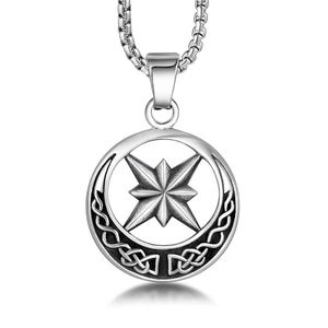 Vintage titanium steel necklace featuring a retro octagonal star and crescent moon pendant