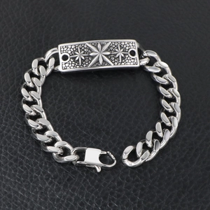 Bracelet gourmette pour homme en acier inoxydable argenté avec plaque métallique gravée