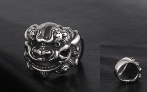 Detailed macro view of retro stainless steel ring with a carved mythical lion head
