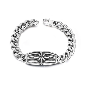Men's hip hop silver stainless steel cuban chain bracelet with engraved star bar