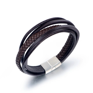 Herren Mehrlagiges Geflochtenes Lederarmband Mit Edelstahl Magnetverschluss Braun Modeschmuck Für Männer Casual Wear