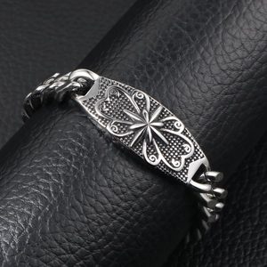 Gothic punk men's titanium steel bracelet with engraved star and thick cuban links