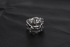 Macro shot of retro stainless steel ring with detailed mythical beast relief pattern
