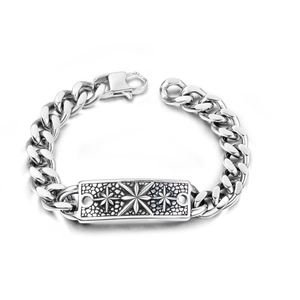 Bracelet chaîne gourmette vintage pour hommes avec plaque gravée d'étoiles argentées