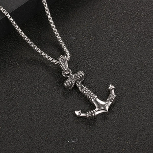 Vintage punk silver anchor pendant necklace with rope texture and steel box chain