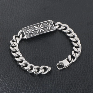 Vintage stainless steel Cuban link bracelet with three-star engraved rectangular metal plaque