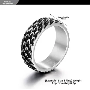 Detail of vintage steel ring showing 7.6mm width and textured dragon scale pattern