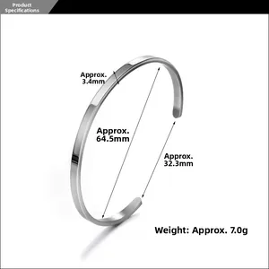 Detailed size measurement of polished silver C-shape stainless steel cuff bracelet