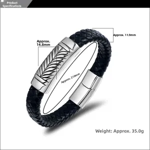 Detailed close-up of men's braided leather bracelet with silver stainless steel magnetic clasp