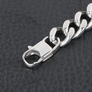 Vintage silver titanium steel cuban link bracelet with durable lobster clasp on black leather