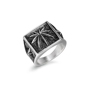 Vintage Stainless Steel Leaf Engraved Square Signet Ring For Men Punk Hip Hop Rock Biker Jewelry Retro Steel Color Band Ring
