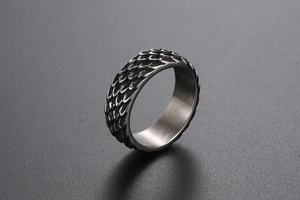 Detailed close-up of retro dragon scale texture on stainless steel ring in aged silver finish