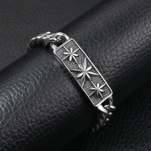Vintage stainless steel cross flower Cuban chain bracelet with star engraving detail