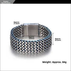 Macro detail of blue and silver dual-tone woven titanium steel bracelet for men