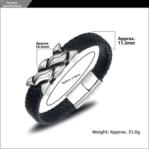 Detailed size specifications for men's braided leather bracelet with stainless steel clasp