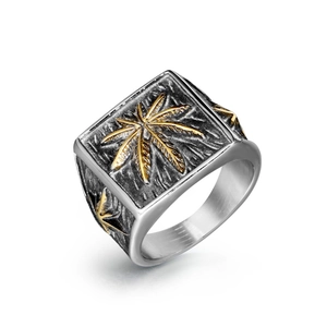 Men's retro punk square signet ring featuring a golden leaf design on a silver band