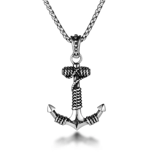 Retro punk anchor pendant necklace in vintage silver steel with rope detail and box chain
