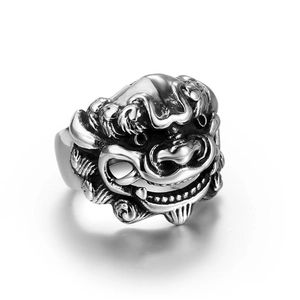 Vintage stainless steel Kirin ring for men with detailed embossed lion head design