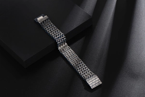 Detailed view of men's titanium steel square bracelet with weave texture and magnetic clasp