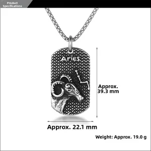 Detailed dimensions of Aries zodiac pendant in stainless steel showing size and weight