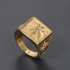 Men's vintage gold square signet ring with embossed cannabis leaf pattern on top