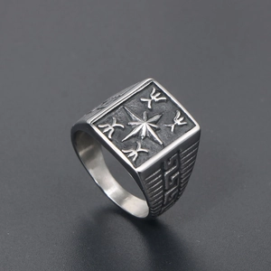 Retro square silver ring with engraved eight-pointed star and nordic symbols for men