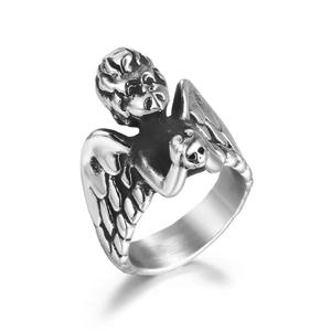 Bague Ailes d'Ange en Acier au Titane Gothique Vintage pour Hommes Punk Cupidon Sculpture d'Ange Bijoux Cadeau