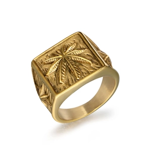 Retro punk style square signet ring with cannabis leaf carving in golden stainless steel