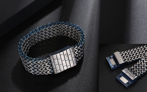 Detail of silver and blue woven titanium steel bracelet with magnetic square clasp