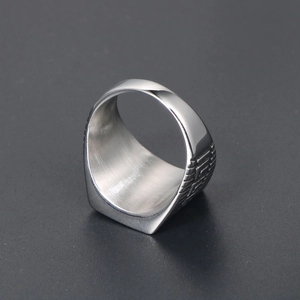 Polished silver wide band ring for men with side geometric engraved lines for style