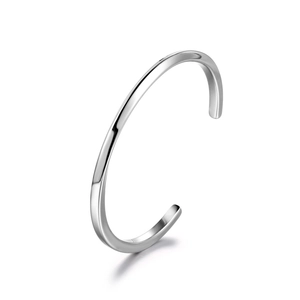 Minimalist silver twist open cuff bracelet with high-polished mirror finish in a side view