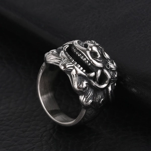 Vintage stainless steel Kirin ring for men with detailed 3D beast head carving on leather