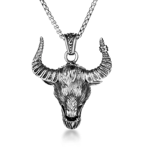 Hip hop men's bull head pendant necklace in retro silver black stainless steel