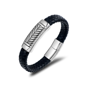 Men Fashion Braided Leather Bracelet Stainless Steel Magnetic Clasp Wheat Pattern Vintage Trend Jewelry Wristband For Men