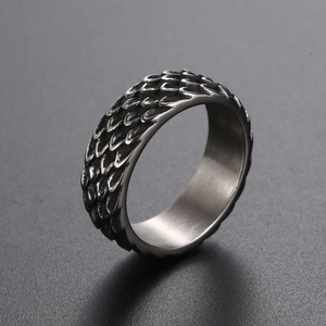 Retro titanium steel wide ring with dragon scale texture and polished inner band