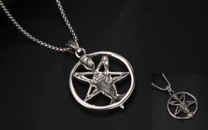 Gothic punk Satanic Baphomet goat head pendant with star on stainless steel box chain