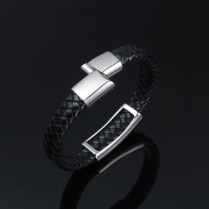 Men's wheat grain braided leather bracelet with stainless steel magnetic clasp