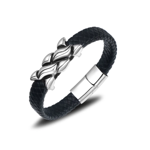 Men's black braided leather bracelet with stainless steel wavy metal ornament and clasp