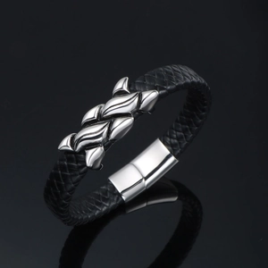 Men's Stainless Steel Braided Leather Bracelet With Polished Wave Pattern Metal Charm Casual Fashion Wristband Black Silver