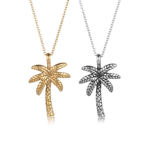 Stainless Steel Palm Tree Pendant Necklace For Women Summer Vacation Tropical Style Coconut Tree Engraved Fashion Jewelry