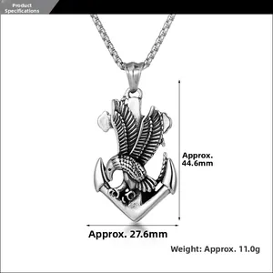 Macro detail of retro eagle anchor and cross pendant with precise measurements