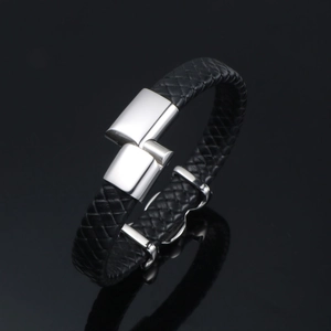Men's double-braided black leather bracelet with a polished stainless steel magnetic clasp