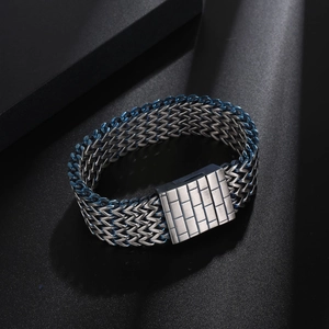 Men's wide woven titanium steel bracelet in silver and blue with a textured clasp