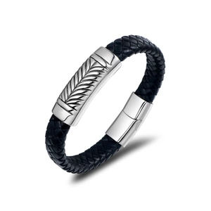 Men's braided leather bracelet with stainless steel wheat pattern clasp on white background