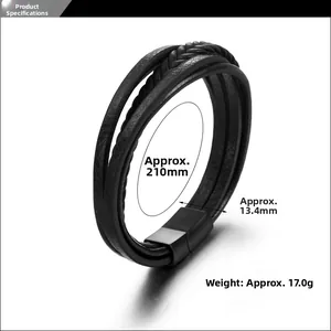 Detailed specs of multilayer braided leather bracelet with black matte magnetic buckle