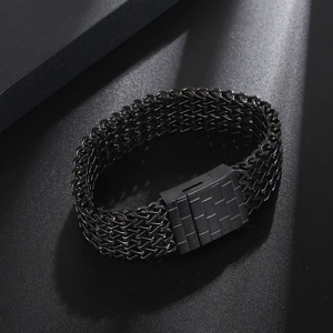 Men's matte black titanium steel braided bracelet with textured geometric buckle