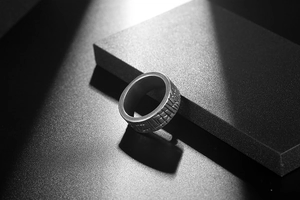 Macro detail of industrial style men's ring with geometric texture and matte silver finish