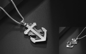 Macro shot of vintage titanium steel anchor cross pendant with eagle relief detail