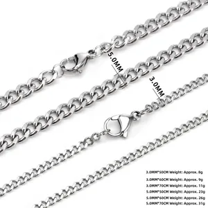 Detail of 3mm and 5mm silver curb chains with secure lobster clasp for men and women